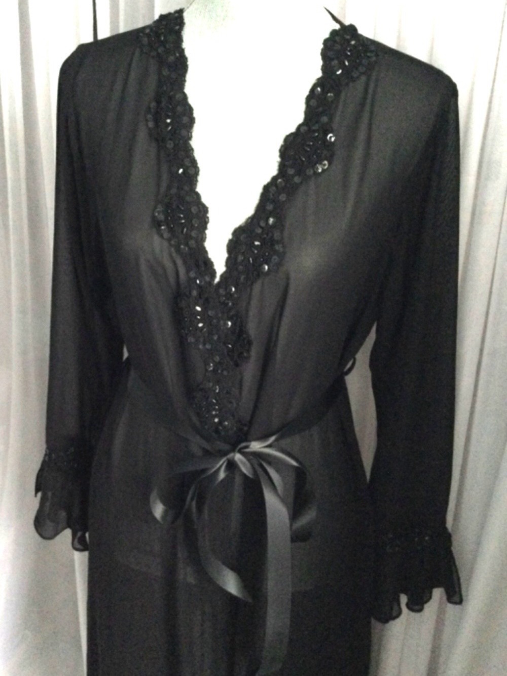 Sheer Black Lace-Trim Sash Robe